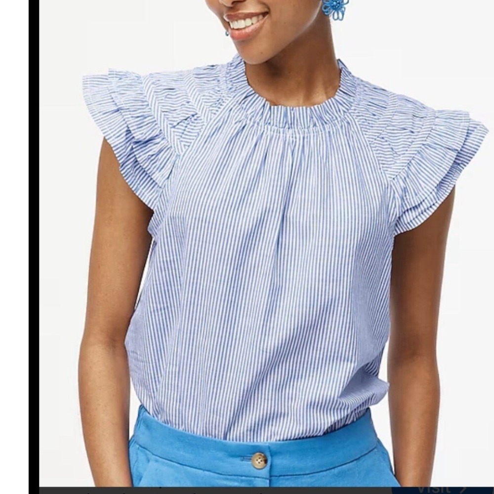 J.Crew Blue White‎ Striped Flutter Sleeve Ruffle Neck Cotton Blouse Top Medium